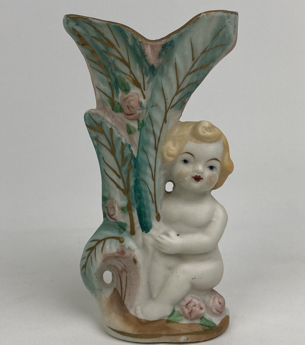 VTG Painted Cherub Baby Flower Bud Vase Ceramic Porcelain Occupied Japan 40s 50s